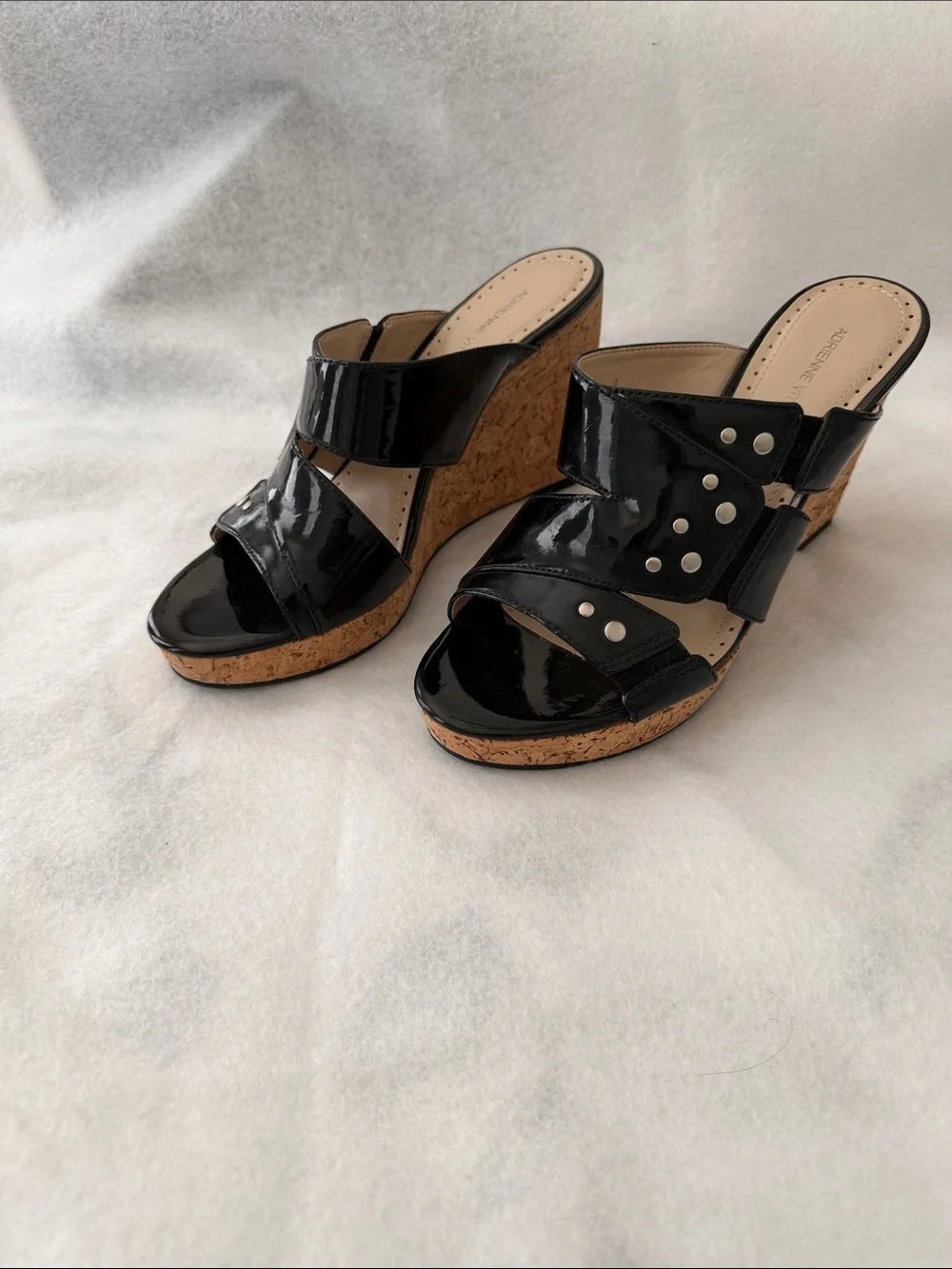 Adrienne Vittadini Black Patent Leather Wedge with Accent Studs